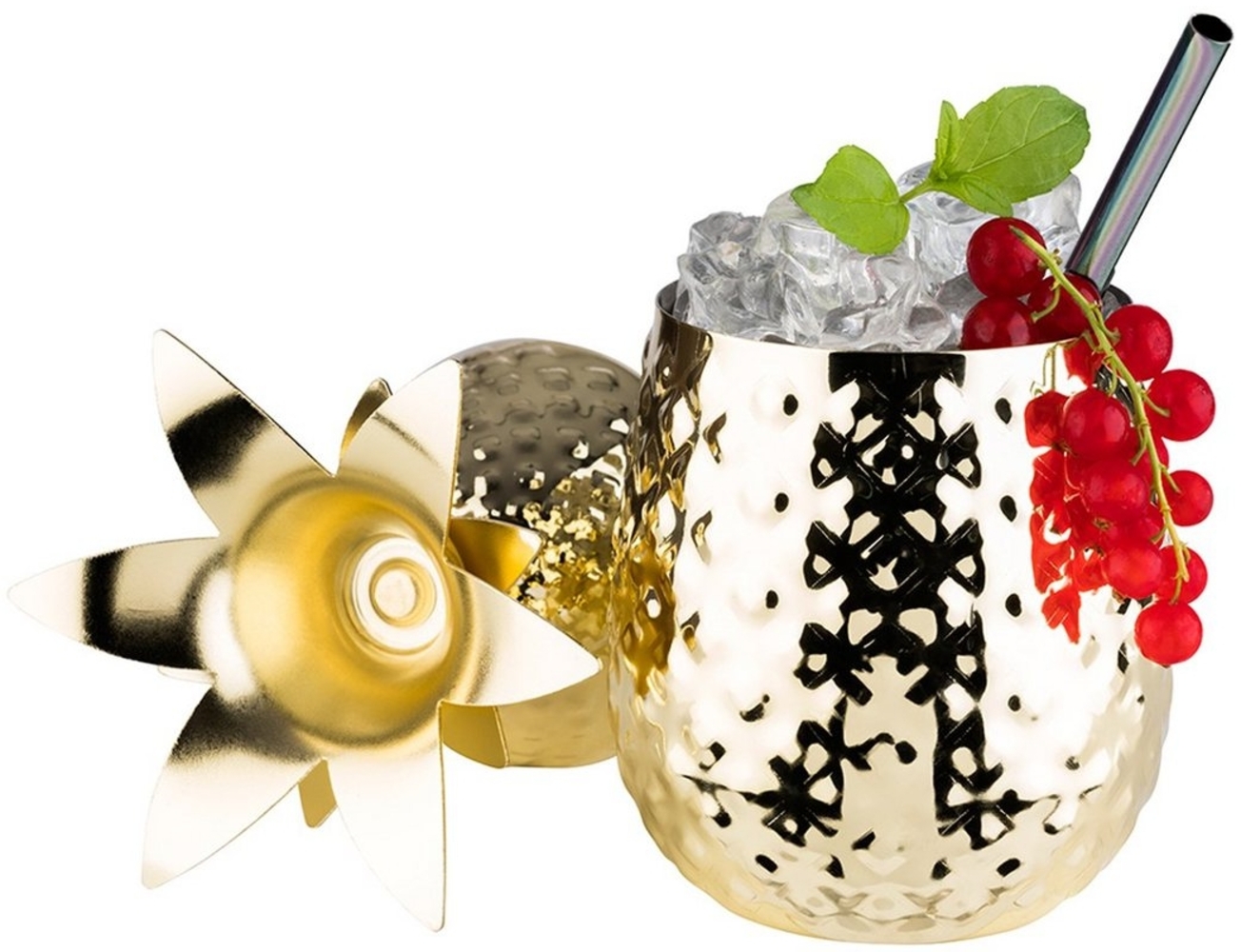 Ananas Cocktailbecher 500ml Goldfarbig mit Deckel und Metall Strohhalm Bild 1