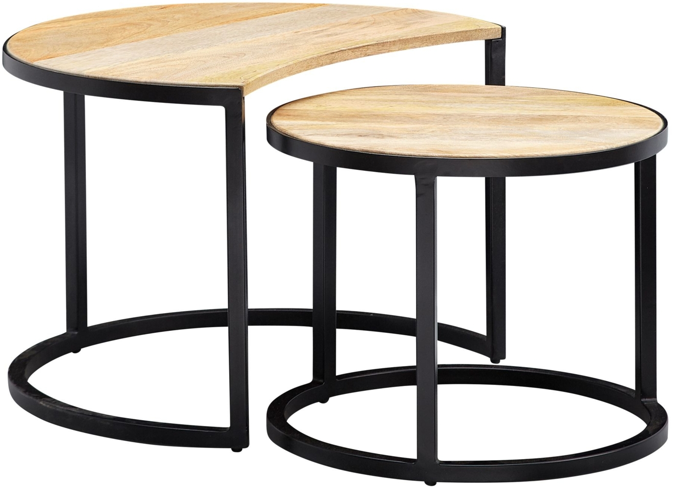 Couchtisch 2er Set Mango Massivholz / Metall Wohnzimmertisch Rund, Industrial Beistelltisch mit Metallbeine Schwarz, Tischset 2-teilig Satztisch Holz Bild 1