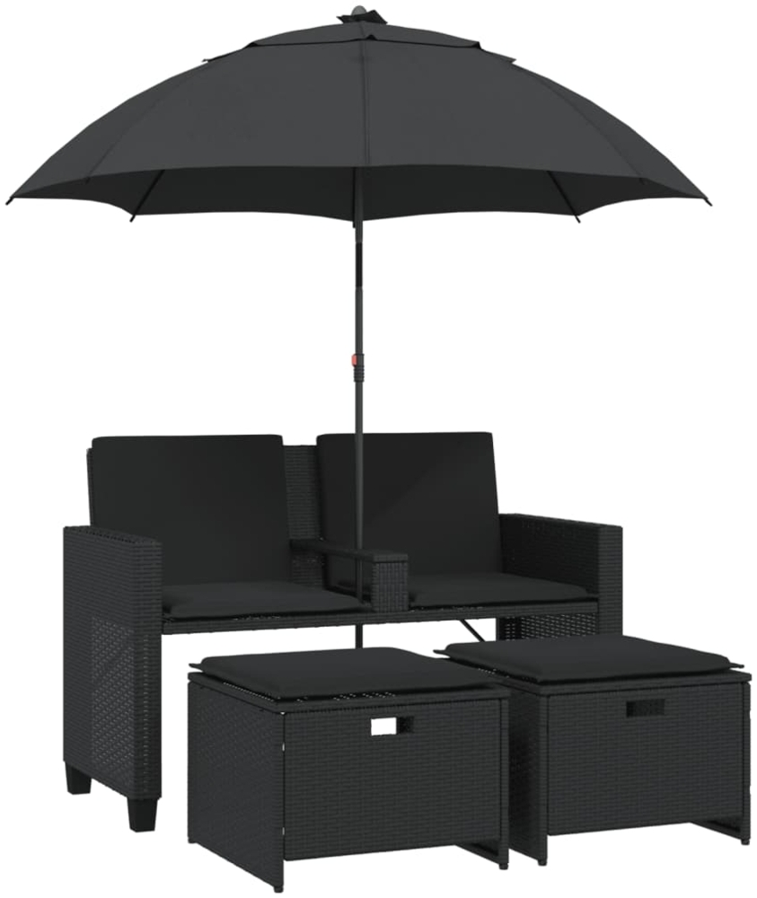 vidaXL Gartensofa 2-Sitzer Sonnenschirm und Hocker Schwarz Poly-Rattan 365883 Bild 1