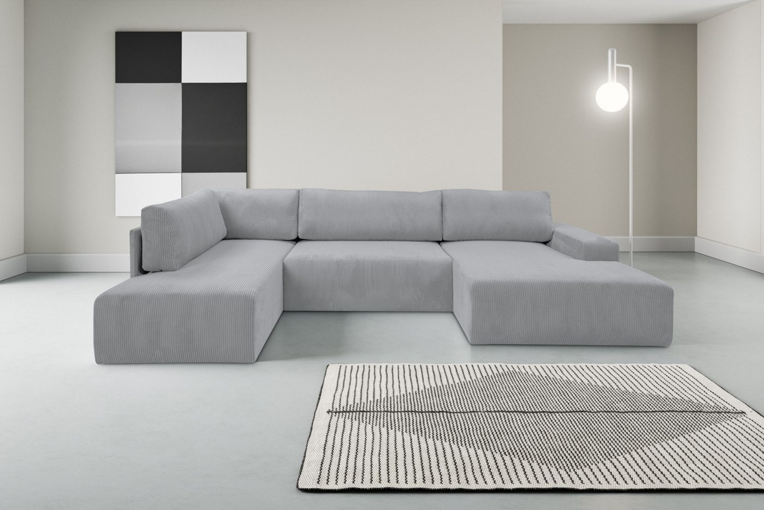 WERK2 Wohnlandschaft Rotterdam-U, U-Form, in kuschelweichem Cord oder Breitcord, Design Sofa mit Schlaffunktion & Bettkasten, Cord, Grau Bild 1