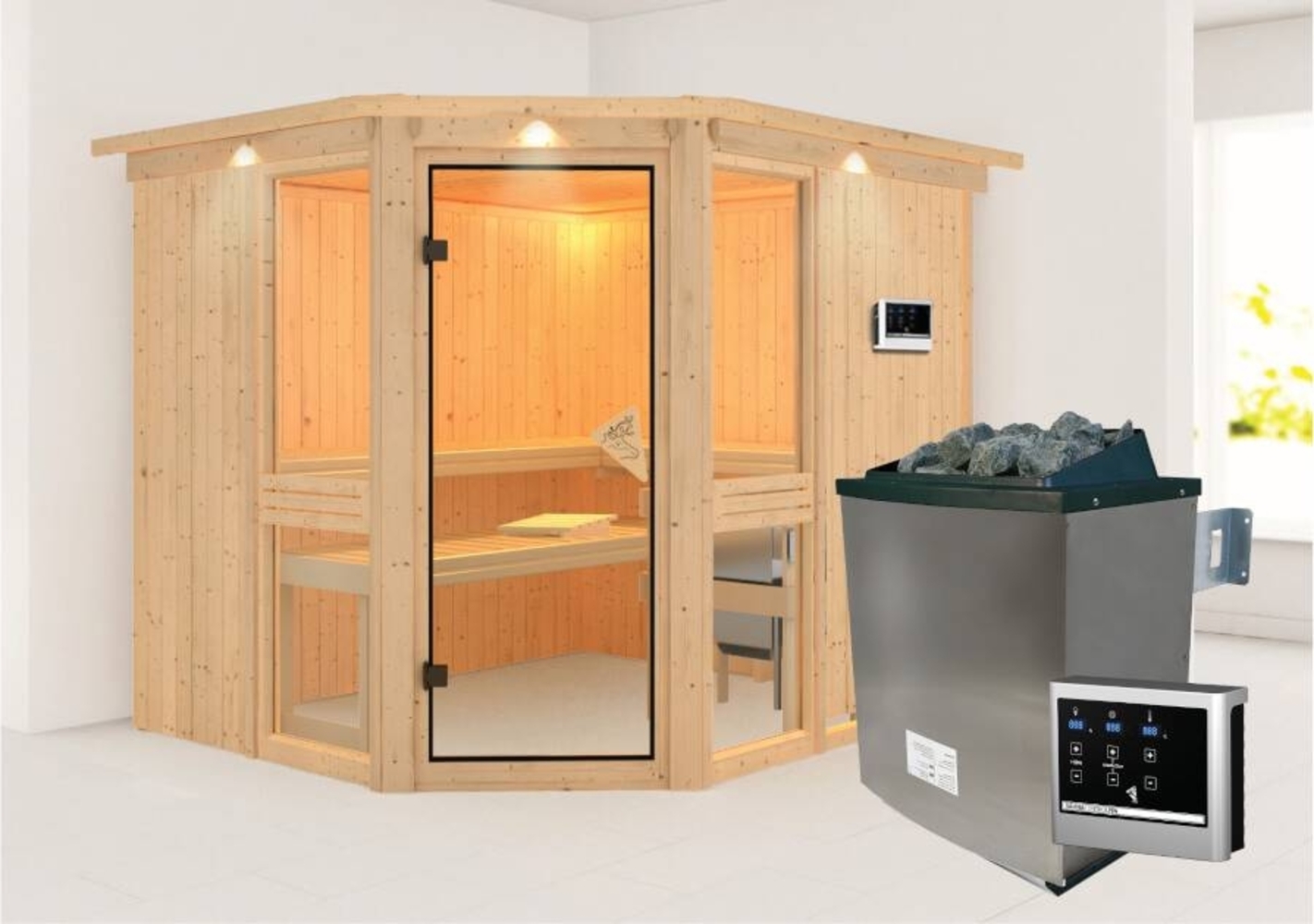 Karibu Sauna Amelia 3 mit Dachkranz + 9kW Saunaofen mit ext. Steuerung Bild 1