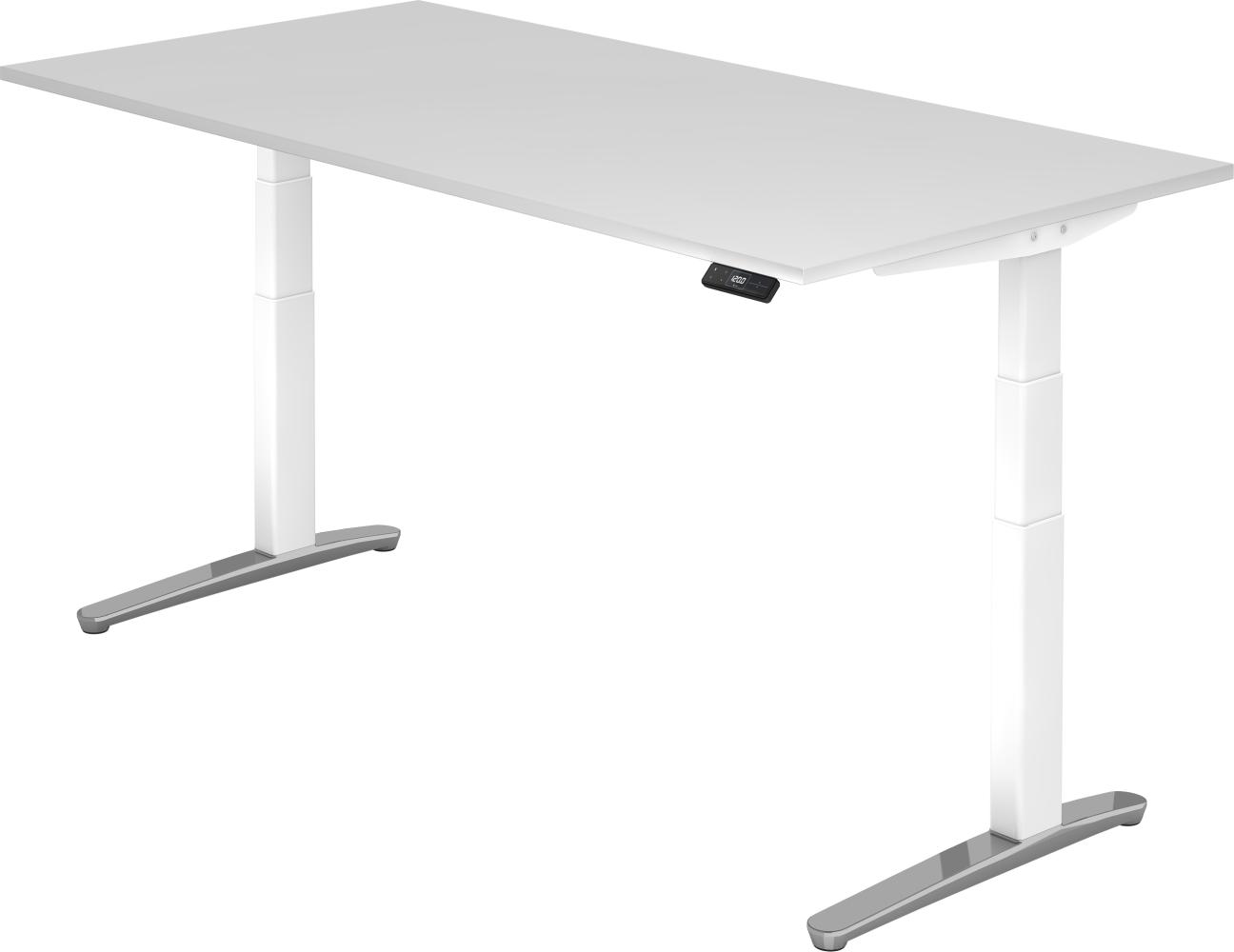 bümö® Sitz- & Stehschreibtisch Serie-XBHM elektrisch höhenverstellbar mit Memoryfunktion, Tischplatte 200 x 100 cm in weiß, Gestell in weiß / aluminium poliert Bild 1