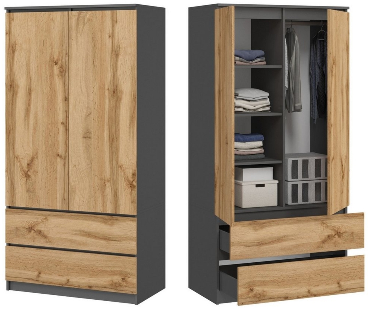 Home Collective Kleiderschrank Schrank 90cm breit mit 2 Schubladen, 3 Einlegeböden und Kleiderstange (Haushaltsschrank Schrank Organizer erweiterbar auf 235cm Höhe für Schlafzimmer Flur Keller Büro) 180cm hoch mit 7 Fächern aus Holz in Anthrazit / Eiche Bild 1