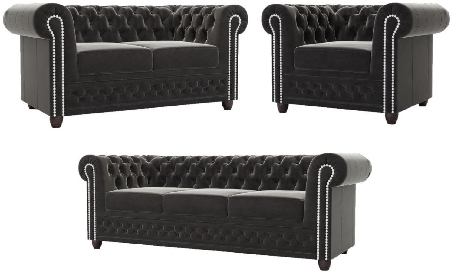 S-Style Möbel Polstergarnitur Chesterfield Lena mit Schlaffunktion 3+2+1 aus Samt-Stoff, Holzfüßen, (3-Sitzer-Sofa mit Schlaffunktion, 2-Sitzer-Sofa mit Schlaffunktion, Sessel), mit Wellenfederung Bild 1