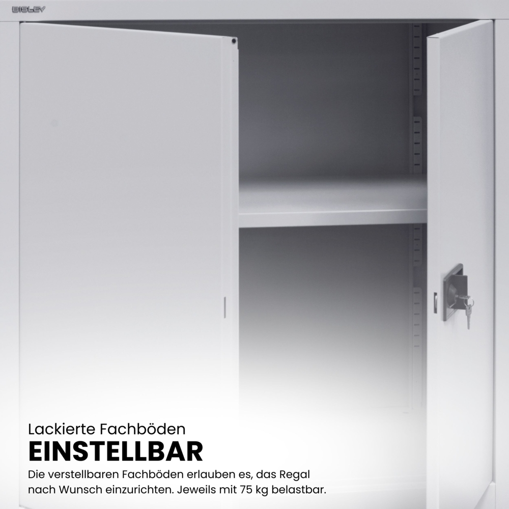 BISLEY Universal Flügeltürenschrank abschließbar - Stahlschrank mit 3-Punkt-Schloss & Flügeltüren - Aktenschrank aus Metall mit 4 Fachböden für 5 Ordnerhöhen - Farbe: lichtgrau, E782B84S-645 Bild 1