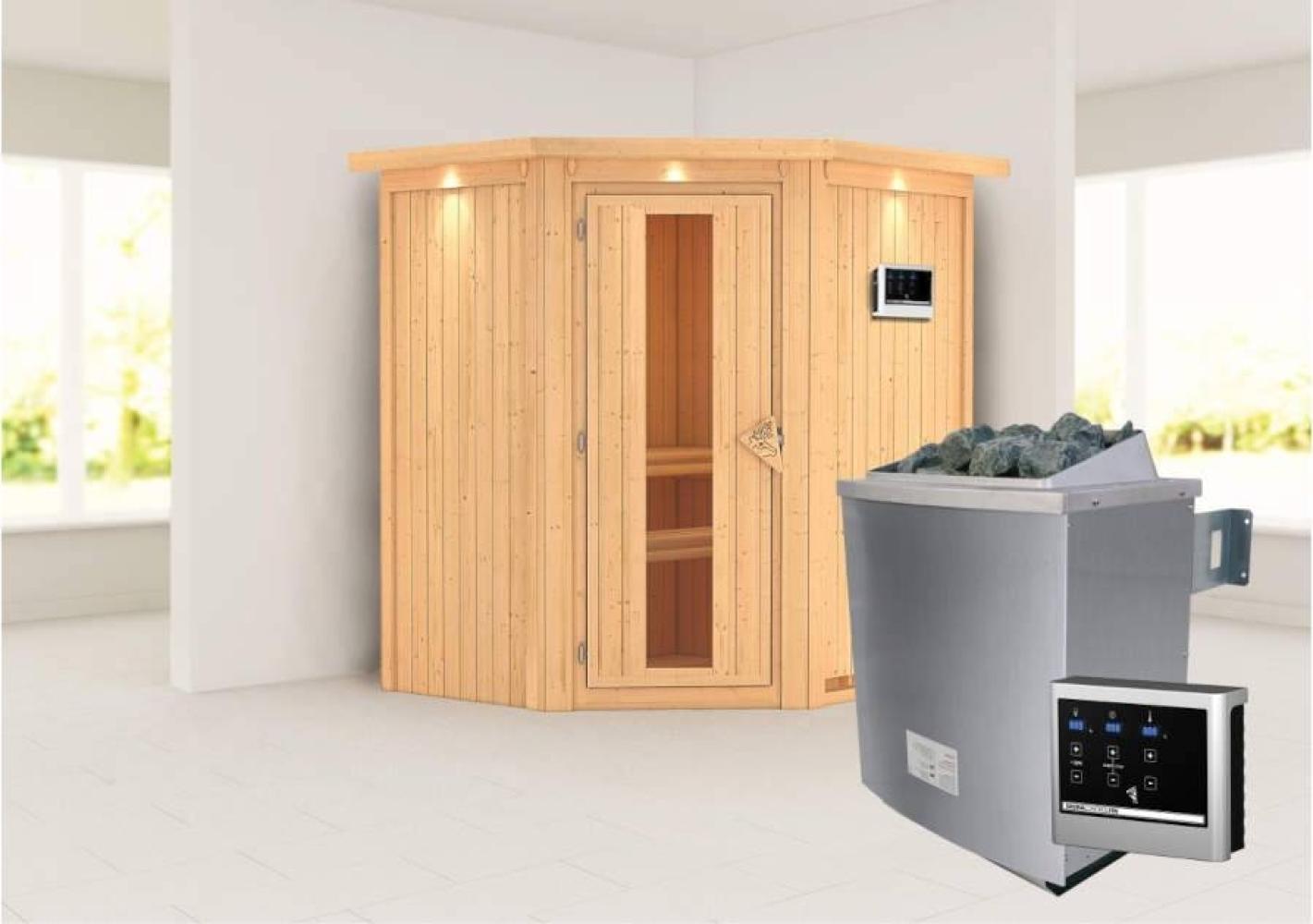 Karibu Sauna Taurin mit Dachkranz + 9kW Saunaofen mit ext. Steuerung Easy Bronzierte Ganzglastür Bild 1