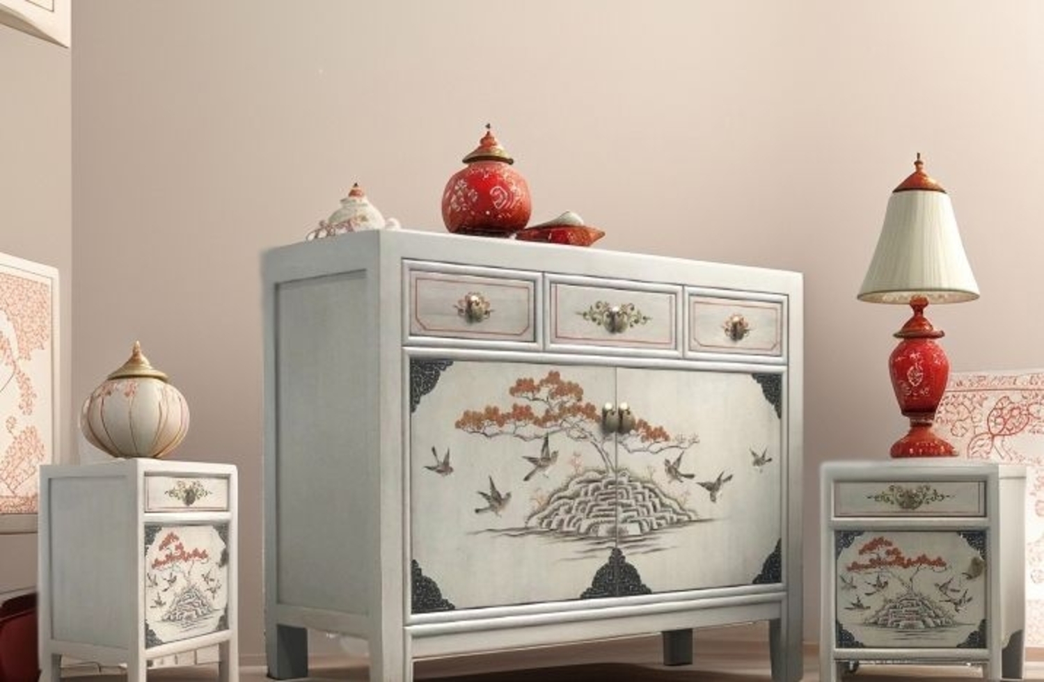 Vintage Asia Asiatische Möbelkombination Kommode Sideboard Nachttisch Nachtkästchen3-Teilig Weiß Bild 1