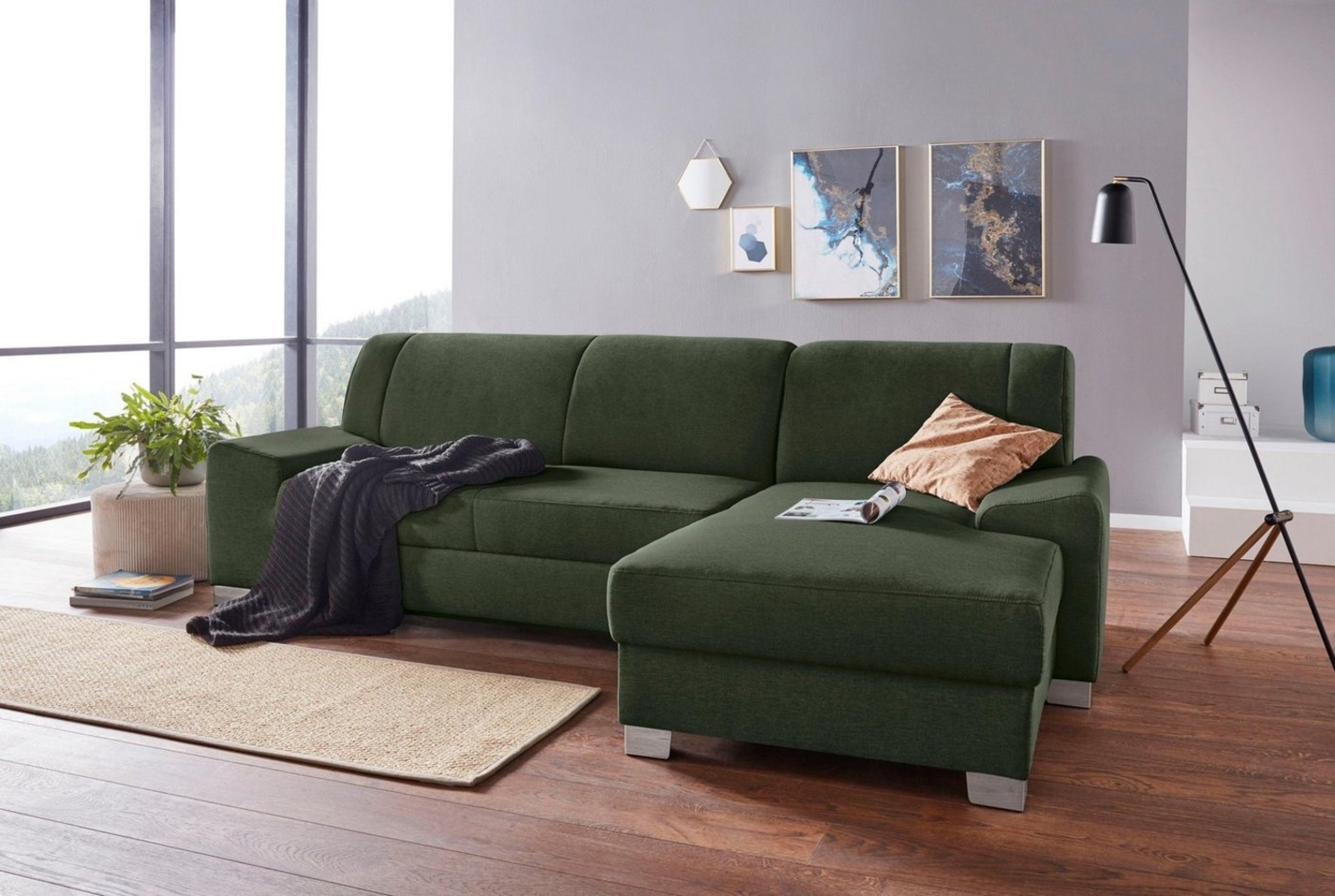 DOMO collection Ecksofa Anzio L-Form, whlw. Bettfunktion, Federkern, hochwertig, Breite 271 cm, Mit Bettfunktion, Recamiere rechts, Struktur fein, dunkelgrün Bild 1