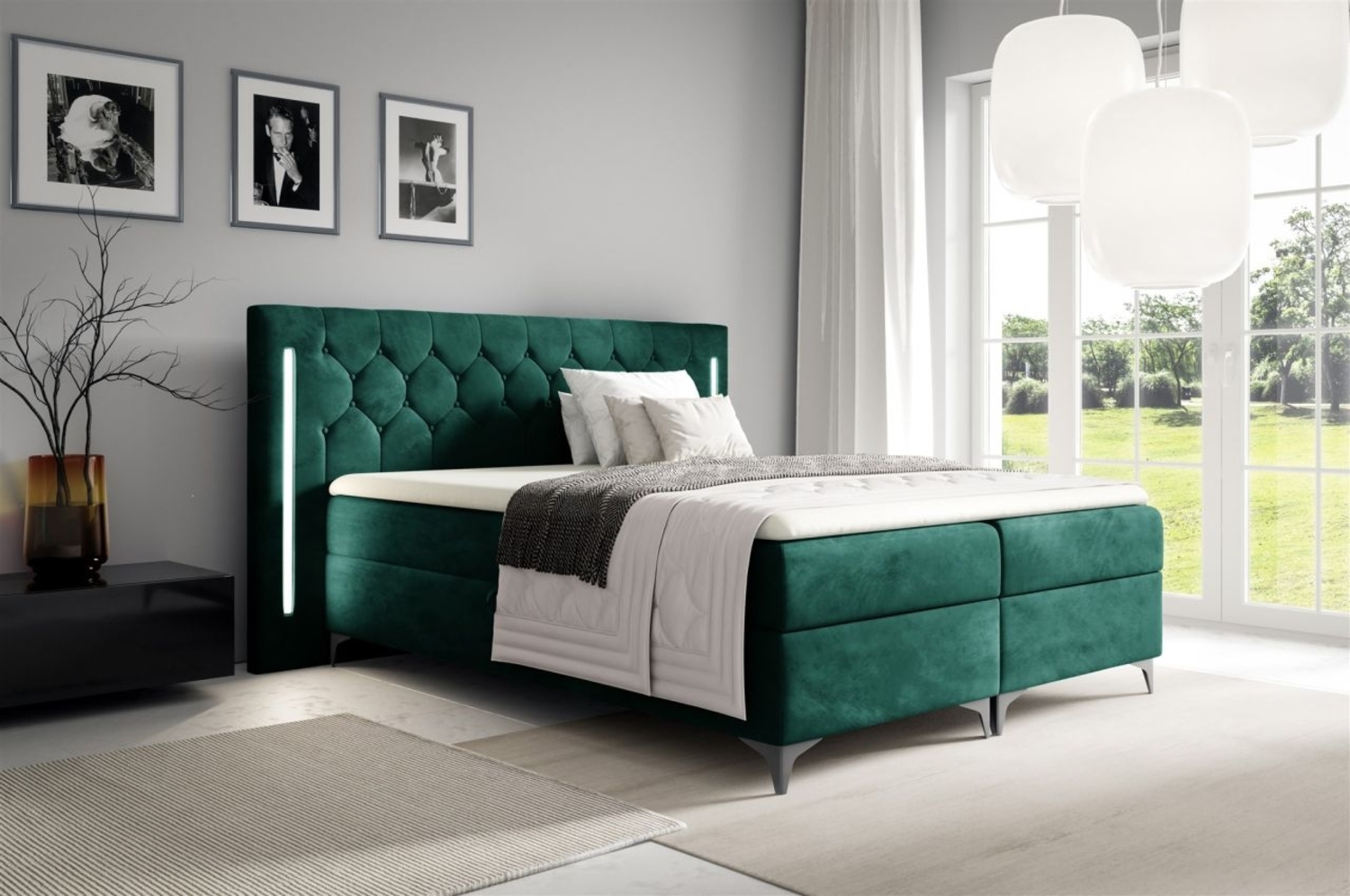 Boxspringbett Schlafzimmerbett ELODIE 160x200cm Grün inkl. Ambiente-LED Bild 1