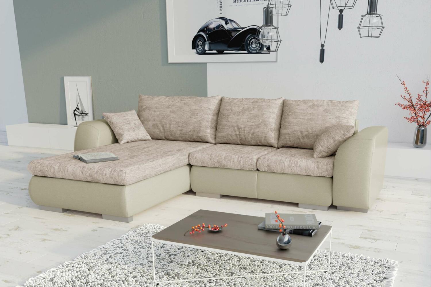 Stylefy Salturo Ecksofa Strukturstoff BERLIN Kunstleder MADRYT Hellbraun Beige Links Bild 1