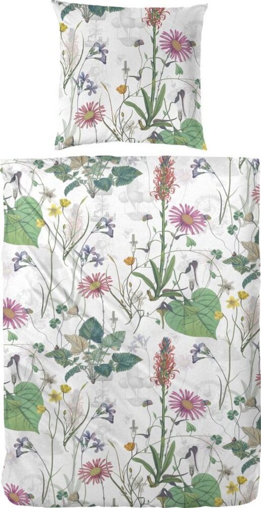 Primera Mako-Satin Bettwäsche 155x220 Blumen Blüten Wiese Blätter silber 243207-05 Bild 1
