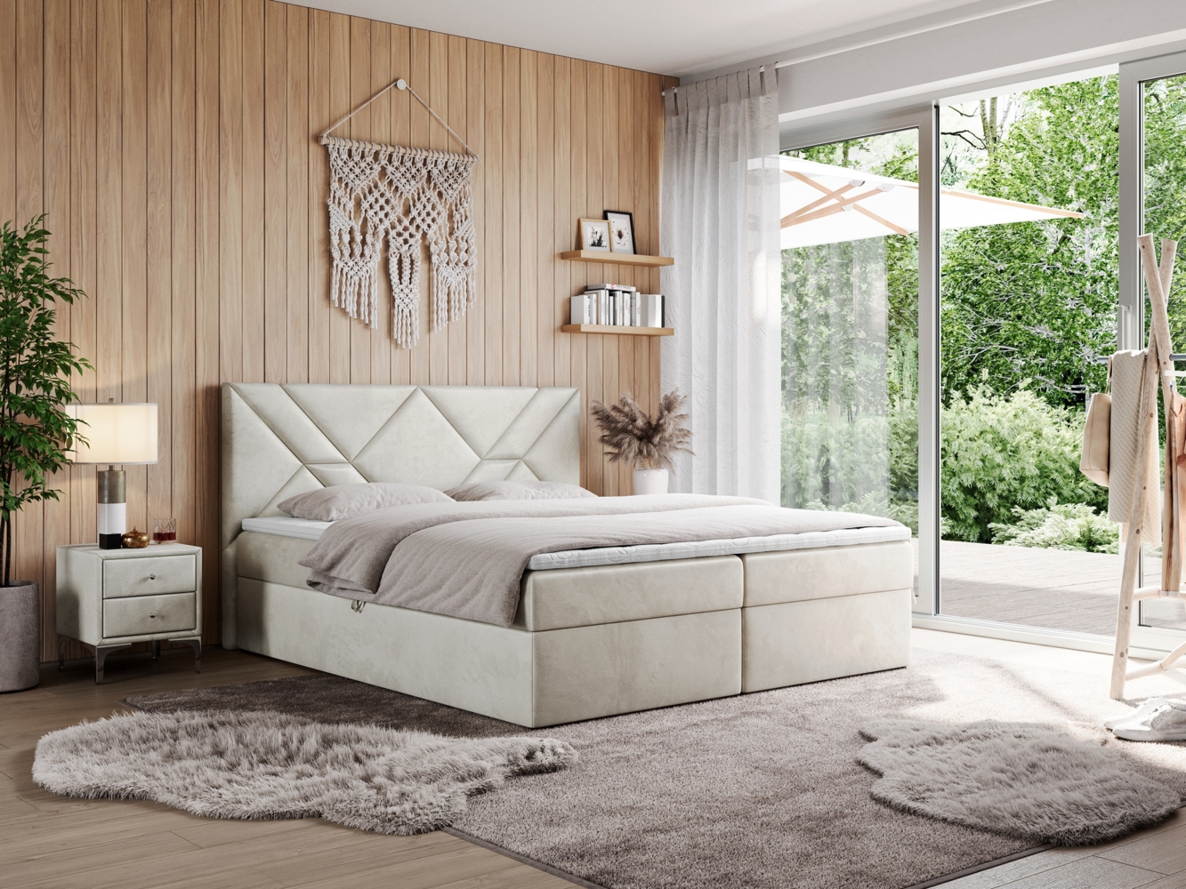 Boxspringbett, Polsterbett mit Multipocket-Matratzen und Topper, dekorativem Kopfteil, zwei Bettkästen - NEOMI - 140 x 200 cm - Beige Velours - H4 Bild 1