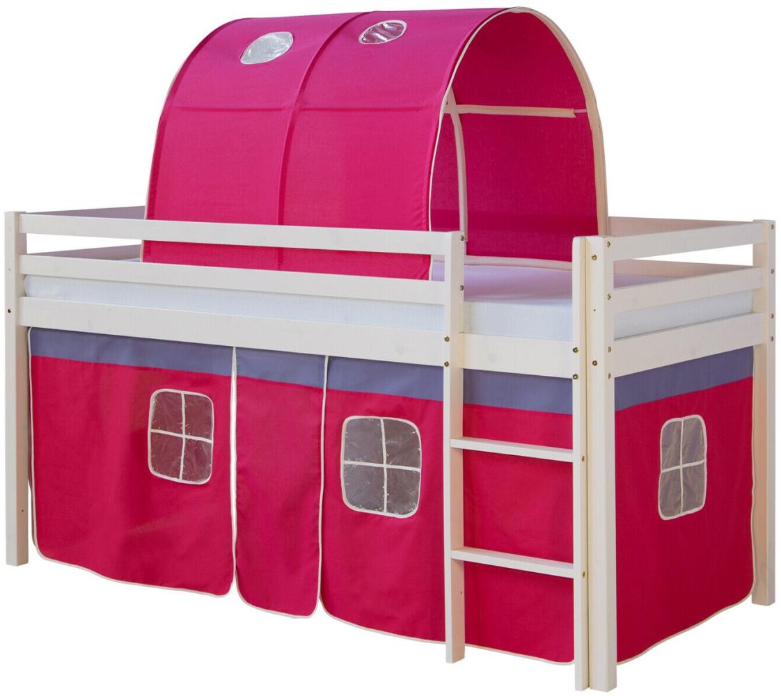 Hochbett Spielbett Kinderbett Leiter Vorhang rot 90x200 Jugendbett Kiefer Bild 1