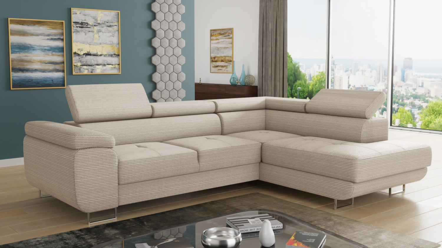 Ecksofa Caris mit Schlaffunktion und einstellbare Kopfstützen, Cord Stoff, Wohnlandschaft mit Bettkasten, Couch, Sofa, Bettsofa (Beige (Poso 100), Ecksofa Rechts) Bild 1