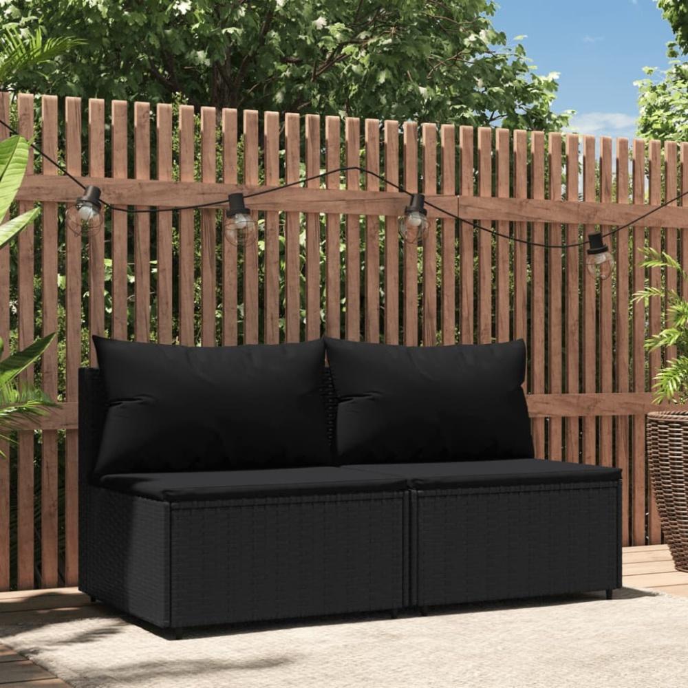 vidaXL Garten-Mittelsofas mit Kissen 2 Stk. Schwarz Poly Rattan 319786 Bild 1