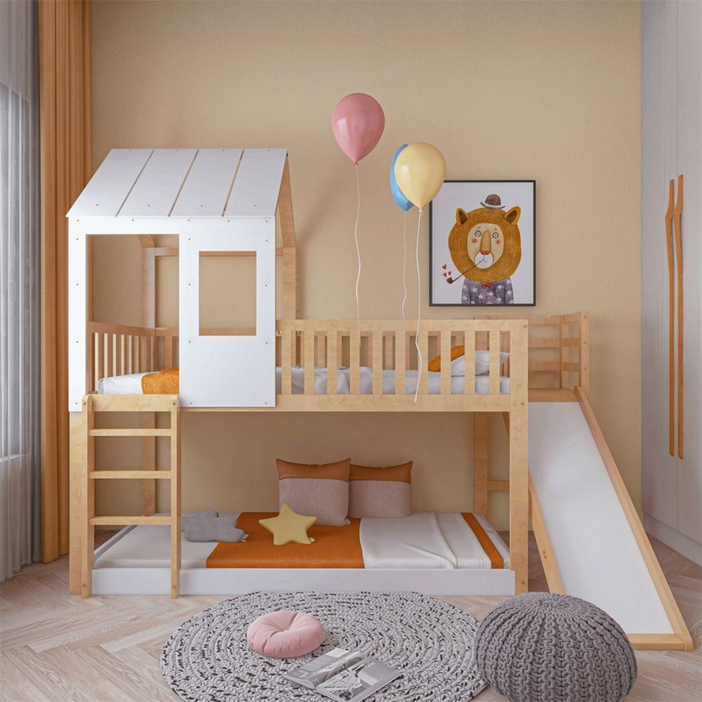 XDeer Etagenbett Kinderbett mit rechtwinkliger Leiter und Rutsche, 90x200, Hausbett mit Dach und Fenster, Rahmen aus Kiefer Bild 1