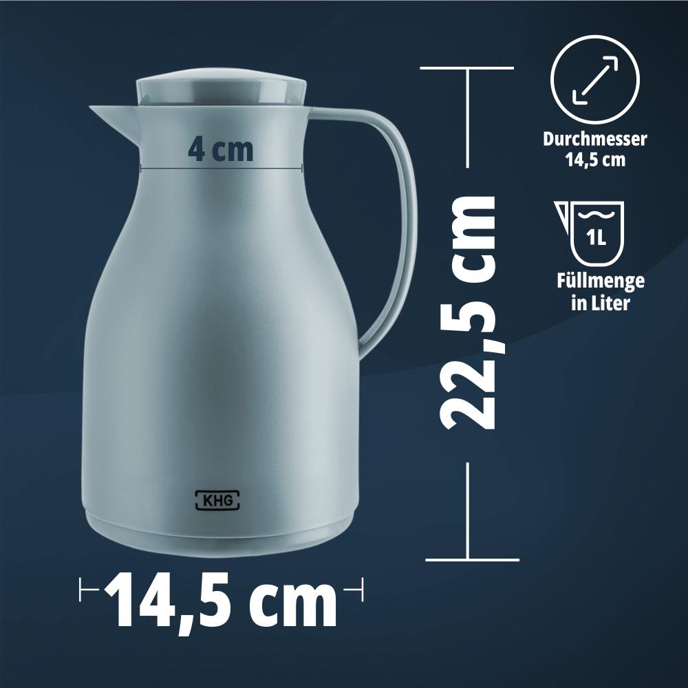 KHG Isolierkanne 1 Liter Mint Türkis, Quick Press & Drehverschluss, außen Kunststoff matt, innen Glas BPA-frei, Thermoskanne 1l für heiße & kalte Getränke mit präzisem Ausgießer Bild 1