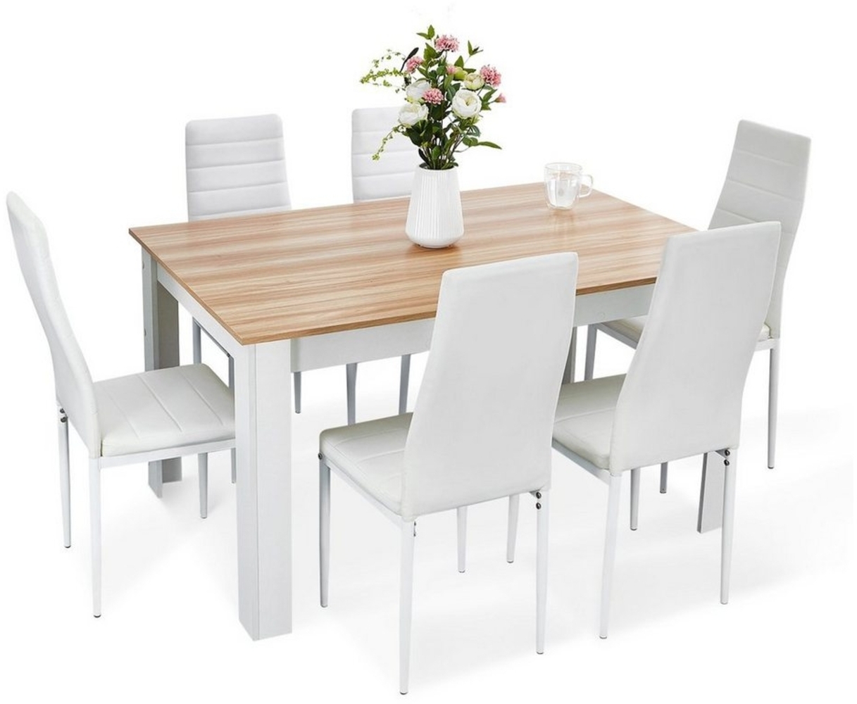 Mondeer Essgruppe Esszimmergruppe (Set, 7-tlg), Spanplatte & Lederimitat, Zweifarbig, Ergonomisch, Weiß+Natur Bild 1