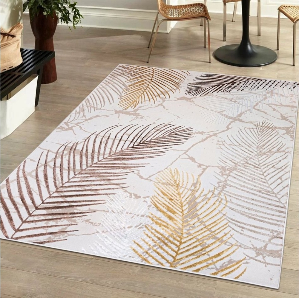 Mazovia Designteppich Modern Teppich für Wohnzimmer - Beige Creme mit Gold, 80 x 150 cm, Glänzende Abstrakt Marmor, Höhe 10 mm, Kurzflor - niedrige Florhöhe Bild 1