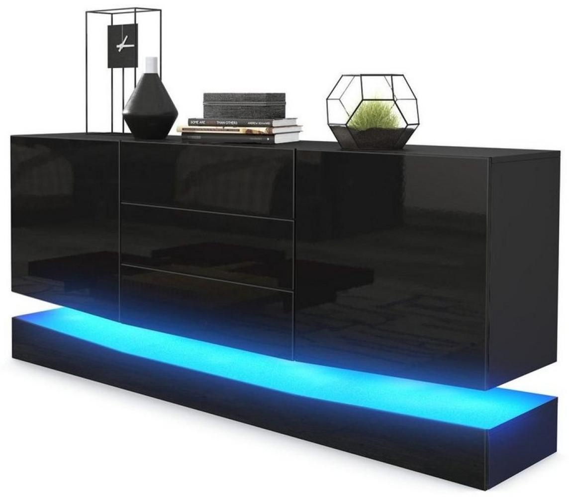 Vladon Sideboard City, Schwarz matt/Schwarz Hochglanz inkl. LED - Moderne Kommode für Ihr Wohnbereich (178 x 72 x 38 cm) Bild 1