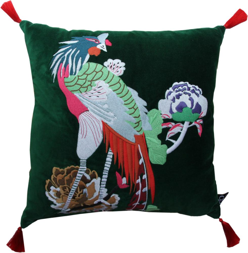 Casa Padrino Luxus Deko Kissen mit Troddeln Bird Green / Red 45 x 45 cm - Feinster Samtstoff - Luxus Deko Accessoires Bild 1