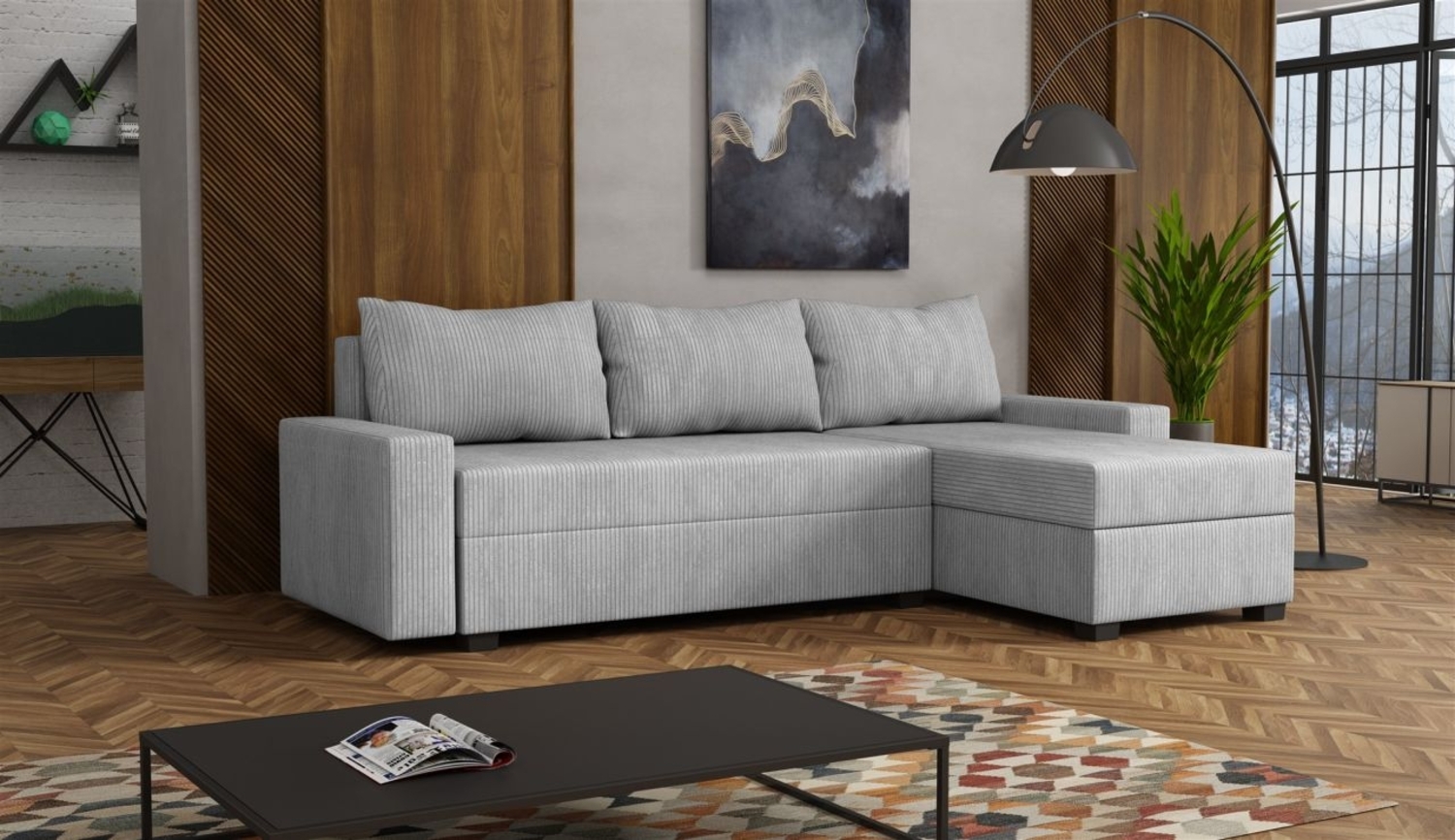 Ecksofa Schlafsofa Sofa AGNETA Stoff Lincoln Hellgrau Ottomane Rechts Bild 1