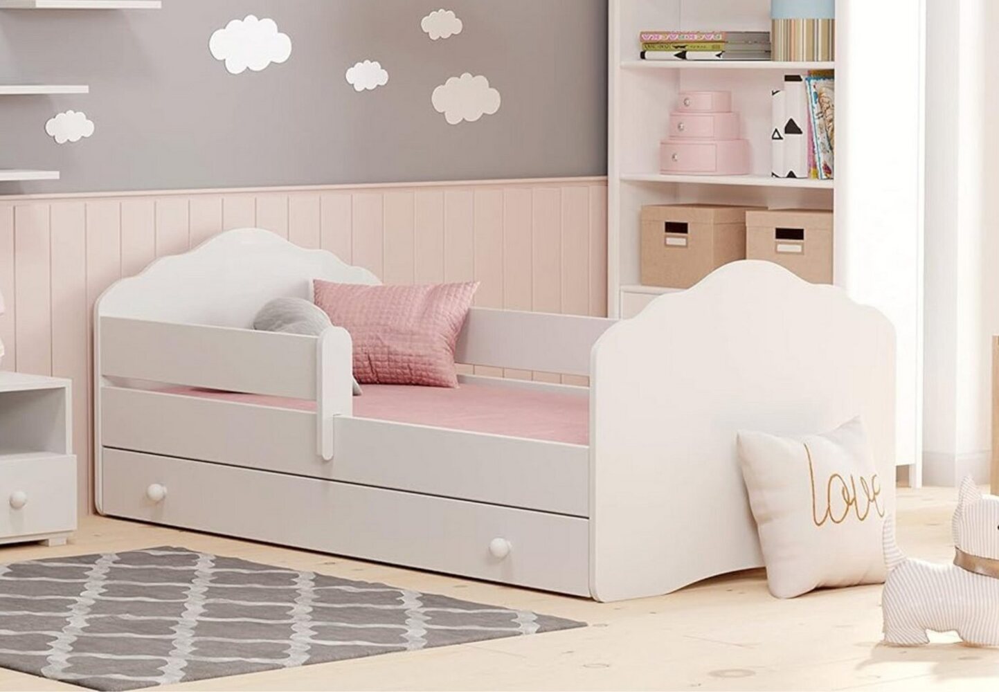 Kids Collective Kinderbett für Mädchen mit Matratze und Schublade & Lattenrost (70x140, 80x160 cm Jugendbett Einzelbett Komplettbett in weiß), Bett für Kinder Bett komplett Set Rausfallschutz Kinderbett 80x160 cm Bild 1