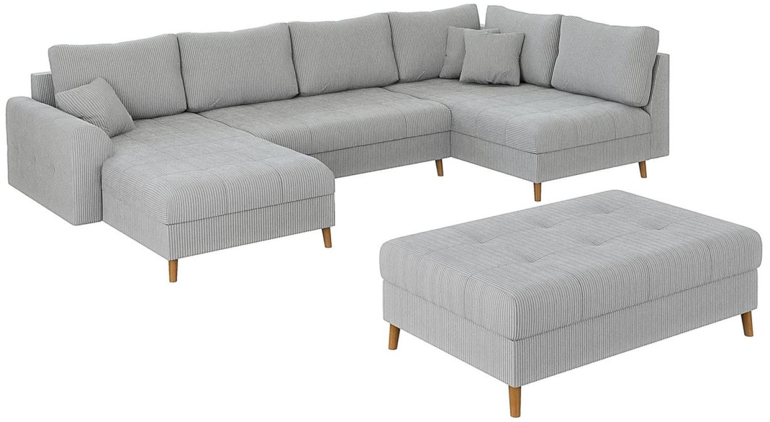 S-Style Möbel Wohnlandschaft und Hocker Zara mit Schlaffunktion aus Cord-Stoff mit Braun Holzfüßen, Ottomane links oder rechts bestellbar. Schlaffunktion in Kombination mit Hocker möglich, mit Wellenfederung Bild 1