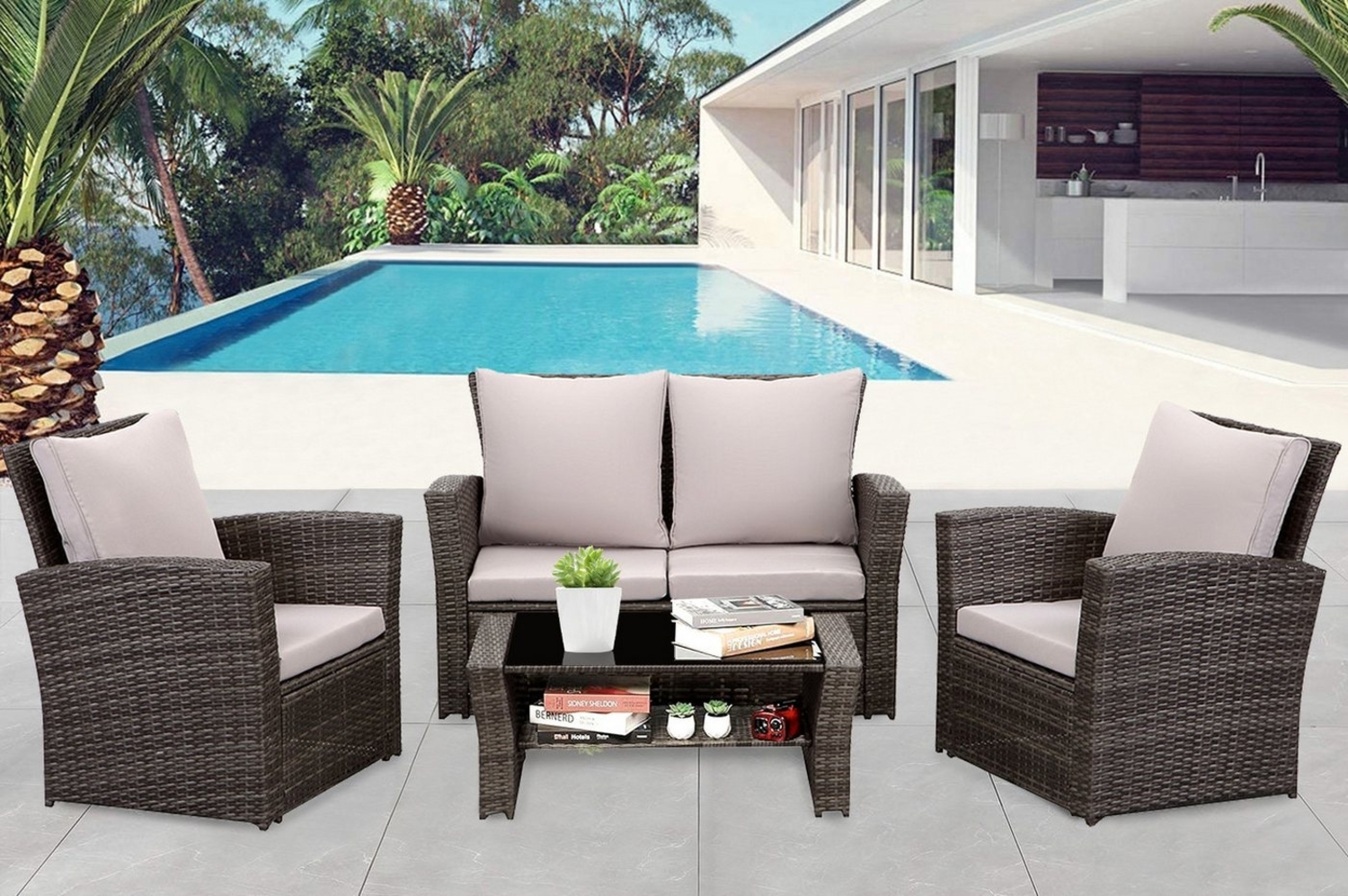 MeXo Gartenlounge-Set Gartenmöbel Set aus handgefertigtem Poly Rattan, (Sitzgruppe Balkonset, 4-tlg, 2-Sitzer Sofa, 2 Sesseln und Tisch mit Stauraum), Wetterfeste Lounge-Set für 4 Personen Bild 1