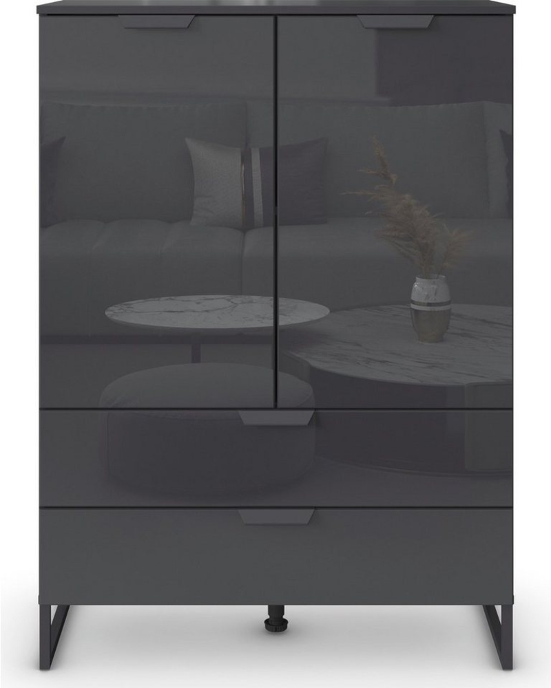 Rauch Möbel Modern by Aditio Hochkommode, Kommode, Highboard, Türkommode, Schrank, 2-türig, 2 Glastüren, 2 Schubladen, Soft-Close, Kufenfuß, Farbe Glas Basalt/Grau metallic, Schwarz, 93 x 130 x 44 cm Bild 1