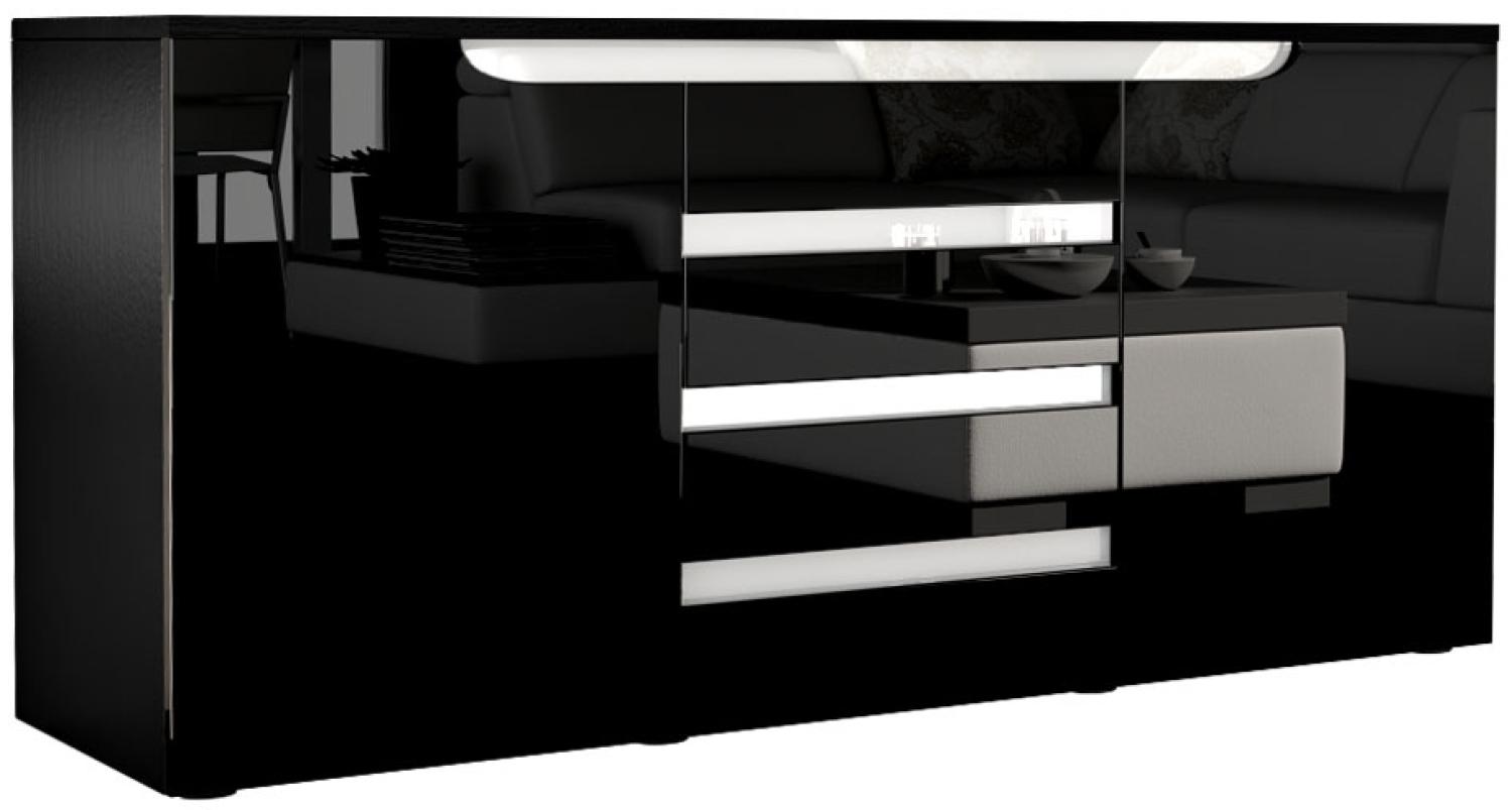 Sideboard Kommode Sylt V1, Korpus in Schwarz matt / Front in Schwarz Hochglanz mit Absetzungen in Weiß Hochglanz (139 x 72 x 35) Bild 1