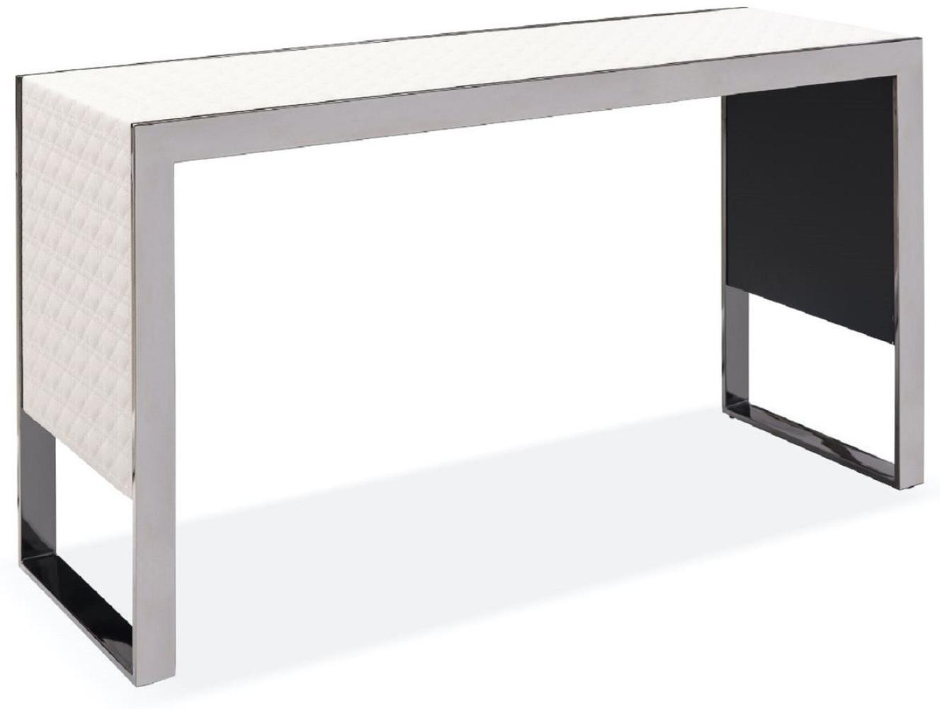 Casa Padrino Luxus Konsole Creme / Silber 120 x 40 x H. 64 cm - Rechteckiger Edelstahl Konsolentisch mit gemustertem Echtleder - Luxus Möbel Bild 1