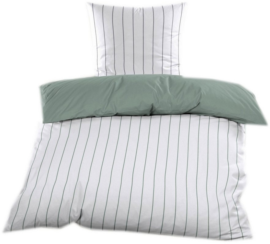 Bettwäsche Renforce Streifen weiß/salbei wendbar 135 x 200 cm Bild 1