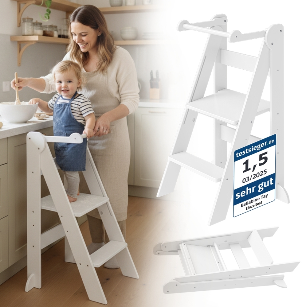 Bellabino 'Tay' Lernturm für Kinder ab 1 Jahr, Tritt 2-fach höhenverstellbar, weiß, Birke Sperrholz, klappbar, Tritthocker bis 50 kg belastbar Bild 1