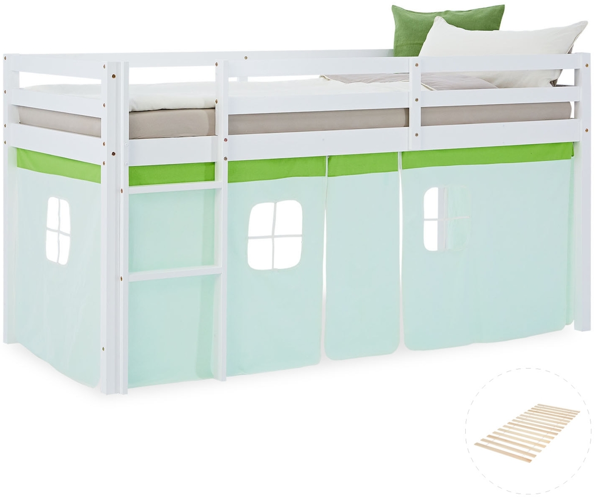 Hochbett Kinder 90x200 cm mit Lattenrost Kinderbett Kinderhochbett Stockbett Vorhang Grün Holz Massiv Bild 1