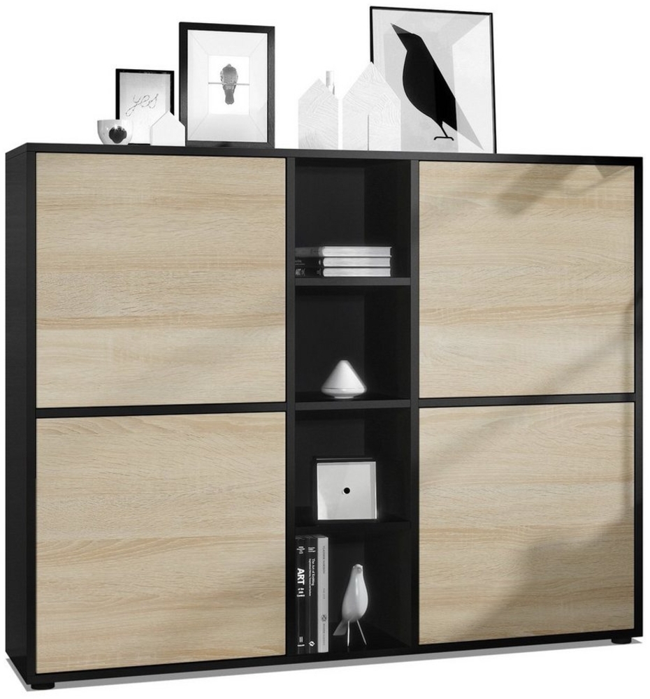 Vladon Highboard Cuba V3, Schwarz matt/Eiche sägerau - Moderne Anrichte mit 12 Fächern (130,5 x 105,5 x 35,5 cm) Bild 1