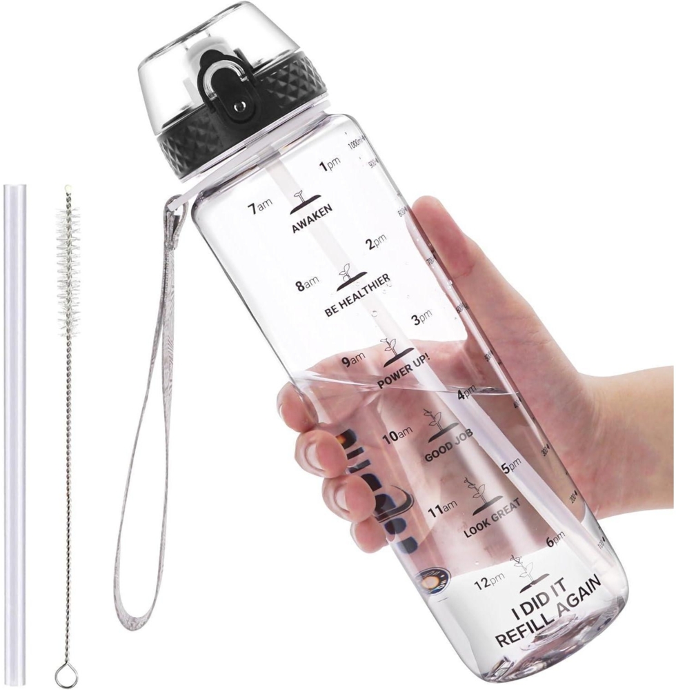 Motivations Sport Wasserflasche 1L BPA Frei Trinkflasche mit Strohhalm Bild 1