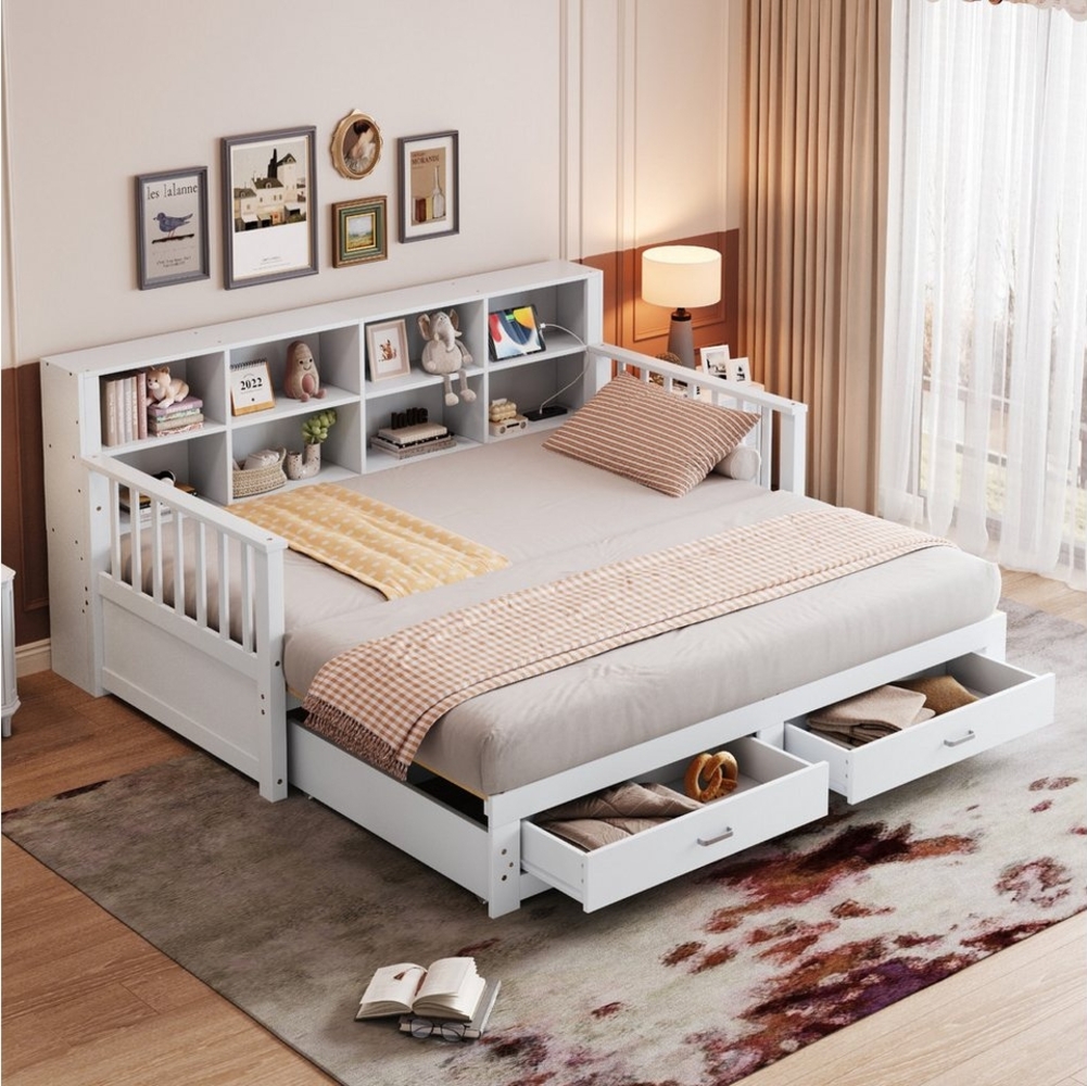 HAUSS SPOLE Schlafsofa Ausziehbares Bett 90/180x190 cm mit 2 Schubladen und Lattenrost, Weiß, aus Massivholz 90x190 cm, ausziehbar auf 180x190 cm mit Stauraum, Steckdose & 2 Schubladen, Kiefernholz, ohne Matratze Bild 1