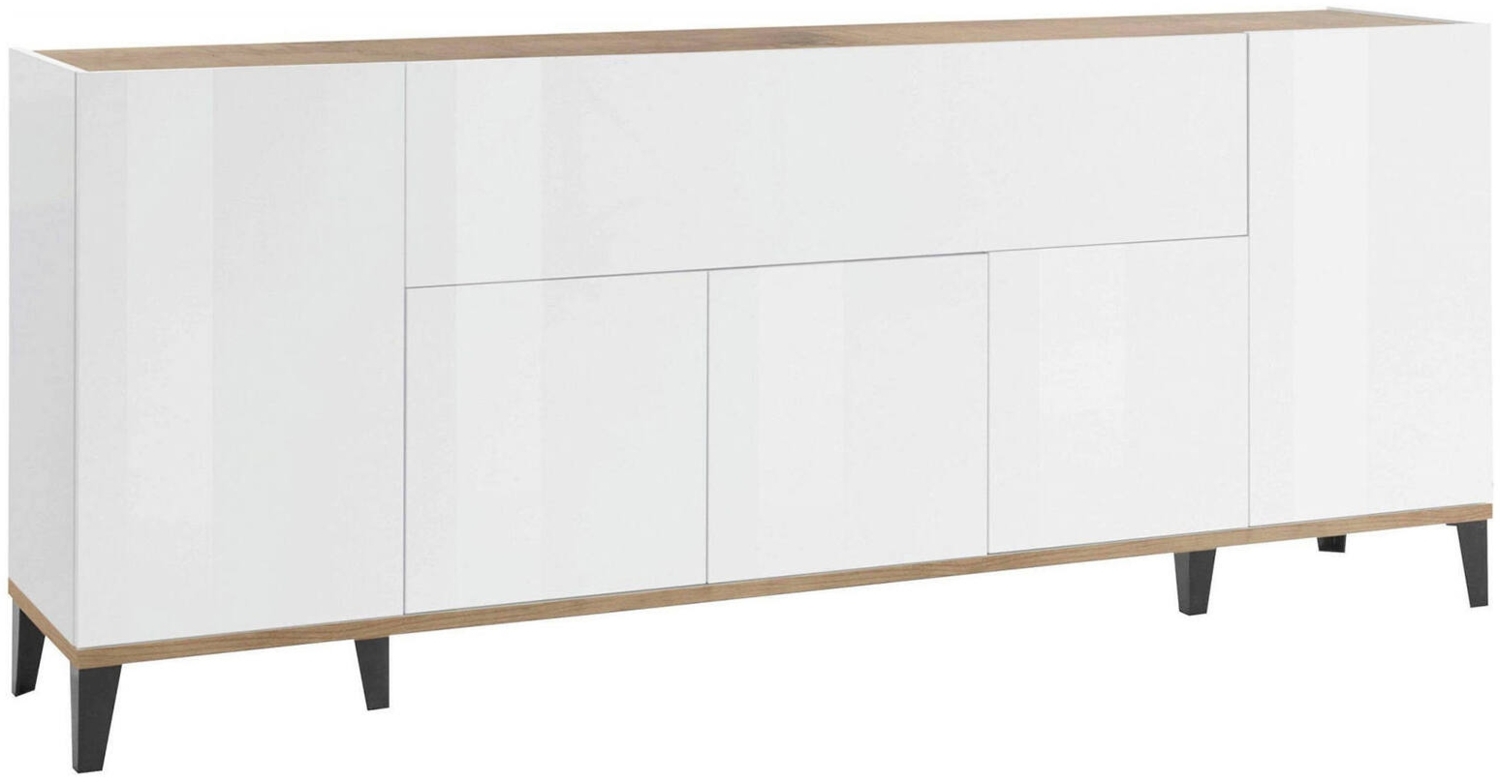 Dmora Kommode Amour, Küchen-Sideboard mit 6 Türen, Wohnzimmer-Buffet, 100 % Made in Italy, 200 x 40 x 82 cm, glänzendes Weiß und Ahorn, Bild 1