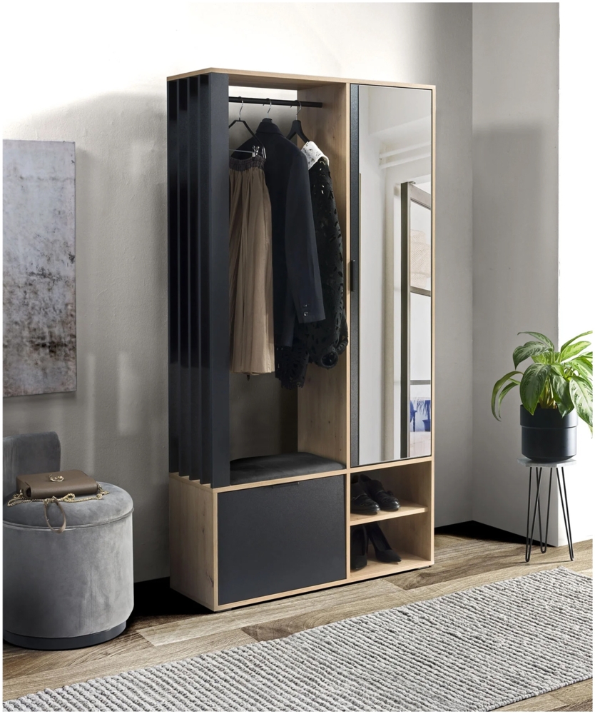 MEBLINI Garderobenschrank Flur mit Spiegel - MILANO - 100x33x190cm R/L - Artisan Eiche/Schwarz mit Sitzbank - Garderobe Schrank - Flurgarderobe schmal - Garderobe Flur Möbel Set - Flurschrank hoch Bild 1