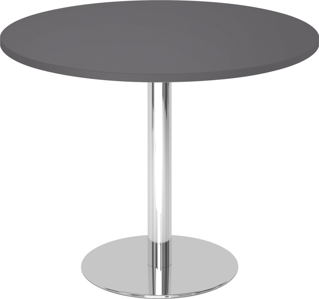 bümö Besprechungstisch, Esstisch klein, Tisch rund 100 cm - kleiner Esstisch graphit, Rundtisch Esstisch 2 Personen mit Holz-Platte, Säule aus Metall verchromt, Konferenztisch, Bistrotisch, STF10-G-C Bild 1