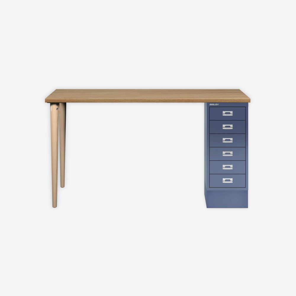 MultiDesk, 2 Eichenfüße, 1 MultiDrawer mit 6 Schüben, Dekor natürliche Eiche, Farbe Blau, Maße: H 740 x B 1400 x T 600 mm Bild 1