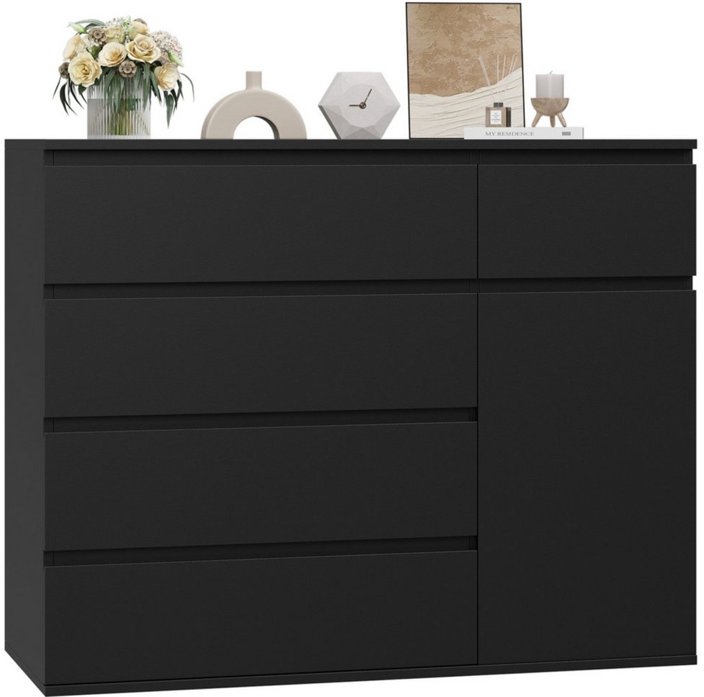 Homfa Kommode, schwarz mit 5 Schubladen und 1Tür, Sideboard 100x80x40cm Bild 1