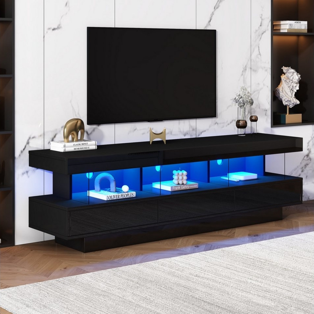 HAUSS SPLOE Wohnzimmer-Set Hochglanz-TV-Ständer mit 3 Glasablagen, LED-Beleuchtung, Schwarz, (Hochglanz-TV-Ständer, 1-St, für 70-Zoll-Fernseher), mit 3 Glasfächern,LED-Beleuchtung,App-Steuerung,Bluetooth-verbunden Bild 1