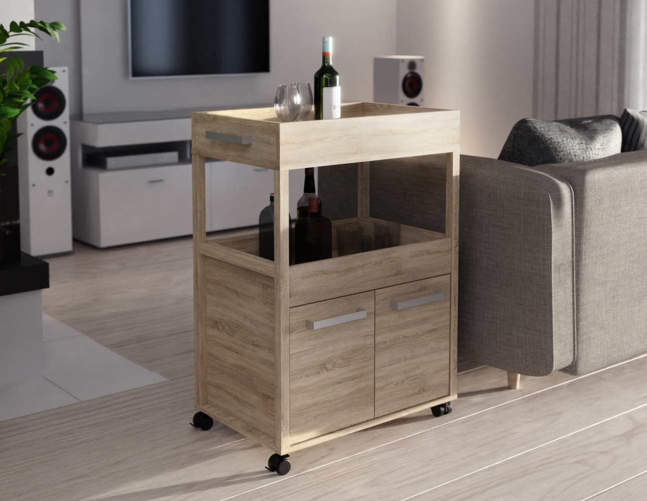 FORTE Home Bar Barschrank mit Rollen, Holzwerkstoff, Beige, 60 x 88,5 x 40 cm Bild 1