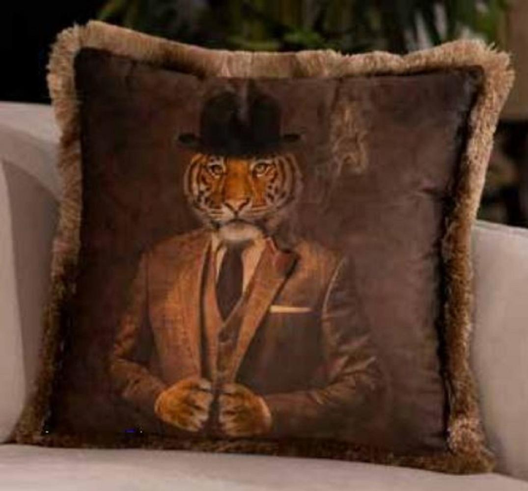 Casa Padrino Luxus Deko Kissen Gentleman Tiger Braun / Mehrfarbig 45 x 45 cm - Bedrucktes Samt Kissen mit Fransen - Luxus Qualität Bild 1