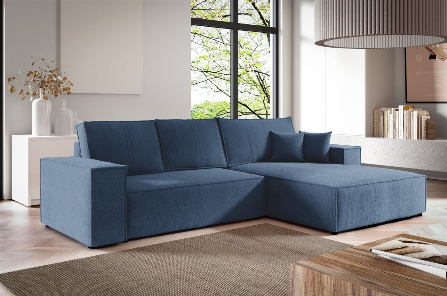 Ecksofa Schlafsofa CORUNIA Stoff Aragon Blau Ottomane Rechts Bild 1