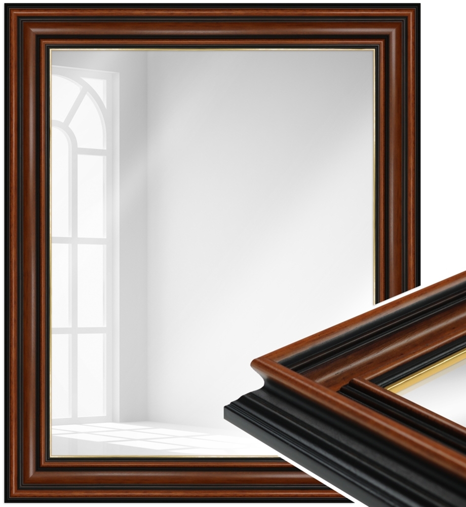 WANDStyle Wandspiegel H017 aus Massivholz in Nussbaum-Optik mit Goldkante 50 x 70 cm im Stil Antik Bild 1