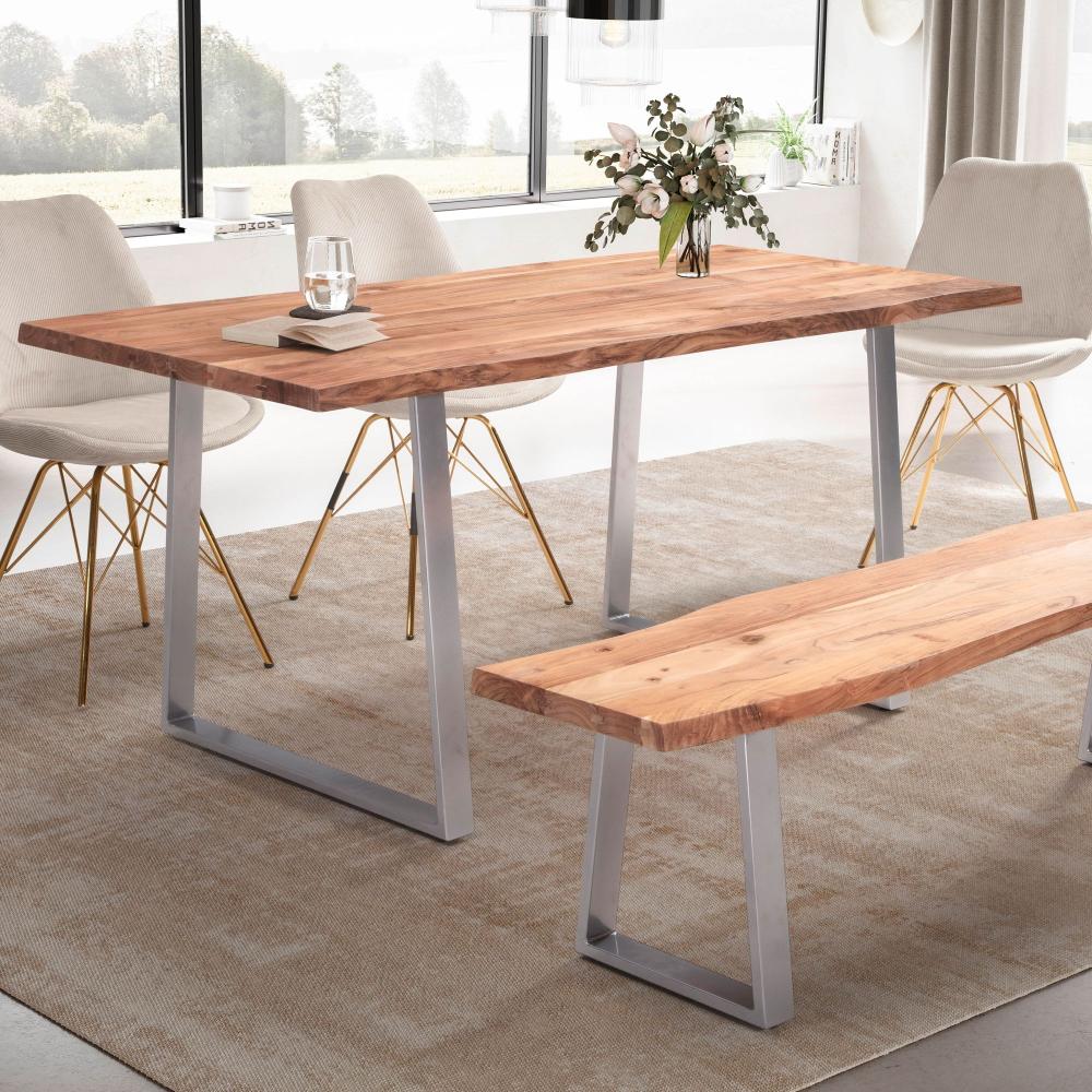 FineBuy Esszimmertisch Akazie Massivholz / Metall Esstisch Baumkante, Küchentisch Massiv mit Trapezbeinen in Chrom, Holztisch Speisetisch Esszimmer Rechteckig Braun Bild 1