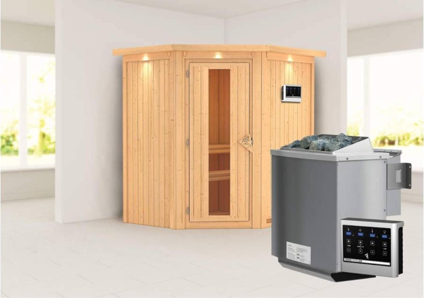 Karibu Sauna Taurin mit Dachkranz + 9kW BIO-Kombiofen mit ext. Steuerung Easy Bronzierte Ganzglastür Bild 1